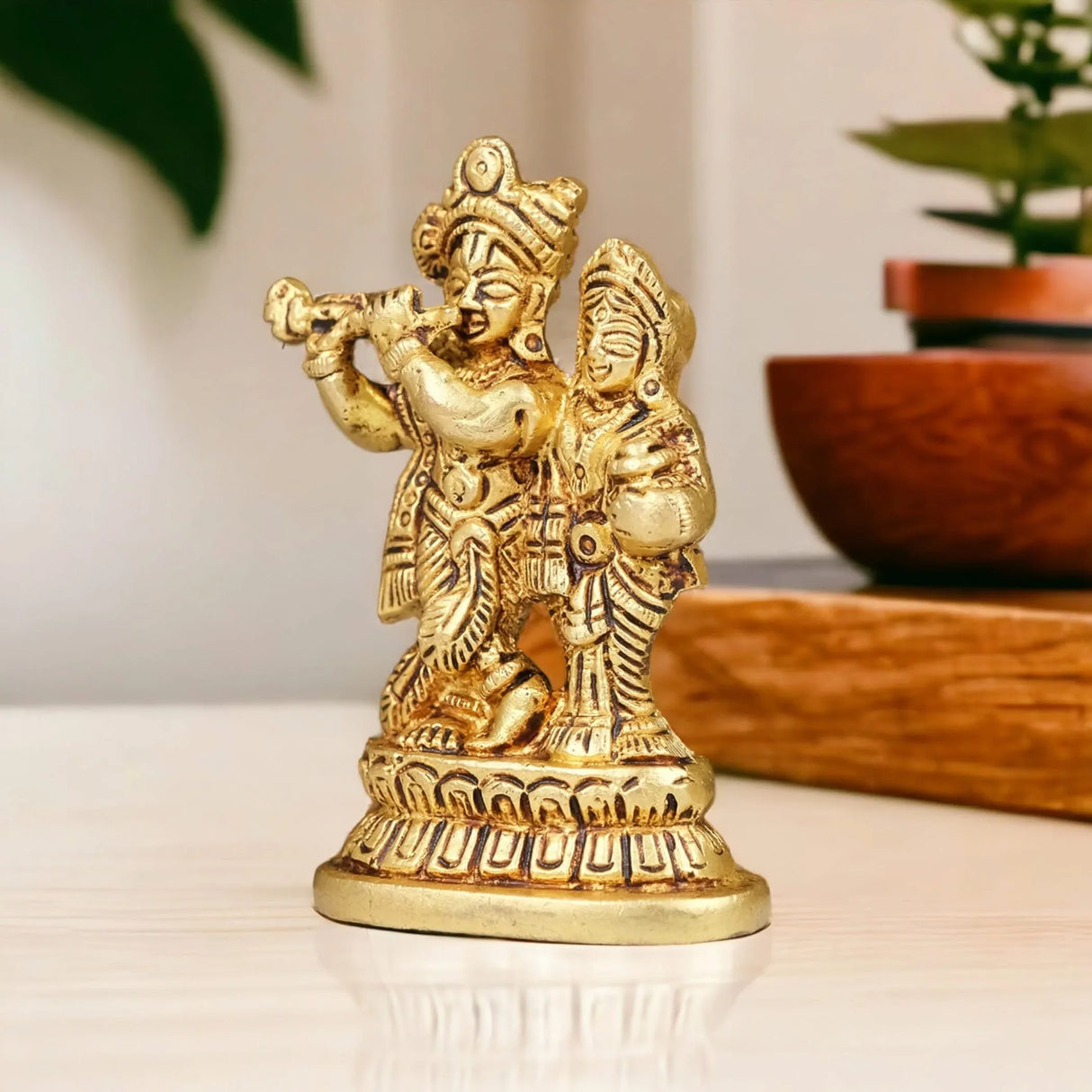 Brass Radha Krishna Statue Hindu God Religious Small Lord Krishna with Radha Rani Murti Idol - Sculpture for Home Temple Mandir Pooja Decor - Showpiece Housewarming Gift (3.5 Inches) - LoveNspire