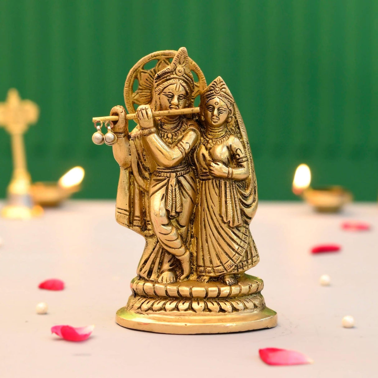 Brass Radha Krishna Statue Hindu God Religious Lord Krishna with Radha Rani Murti Idol - Sculpture for Home Temple Mandir Pooja Decor - Decorative Showpiece Housewarming Gift (5.5 Inches) - LoveNspire