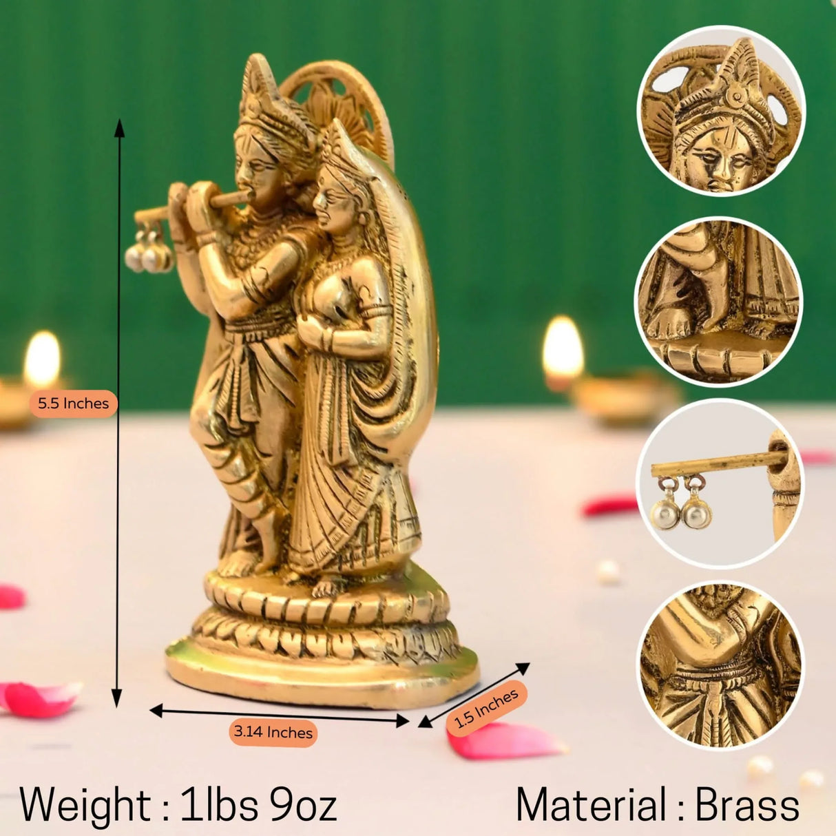 Brass Radha Krishna Statue Hindu God Religious Lord Krishna with Radha Rani Murti Idol - Sculpture for Home Temple Mandir Pooja Decor - Decorative Showpiece Housewarming Gift (5.5 Inches) - LoveNspire