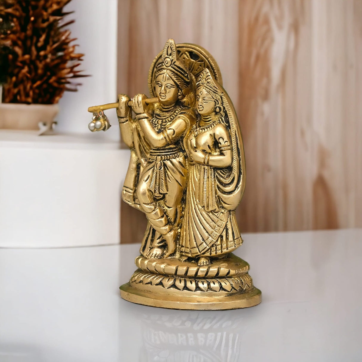 Brass Radha Krishna Statue Hindu God Religious Lord Krishna with Radha Rani Murti Idol - Sculpture for Home Temple Mandir Pooja Decor - Decorative Showpiece Housewarming Gift (5.5 Inches) - LoveNspire