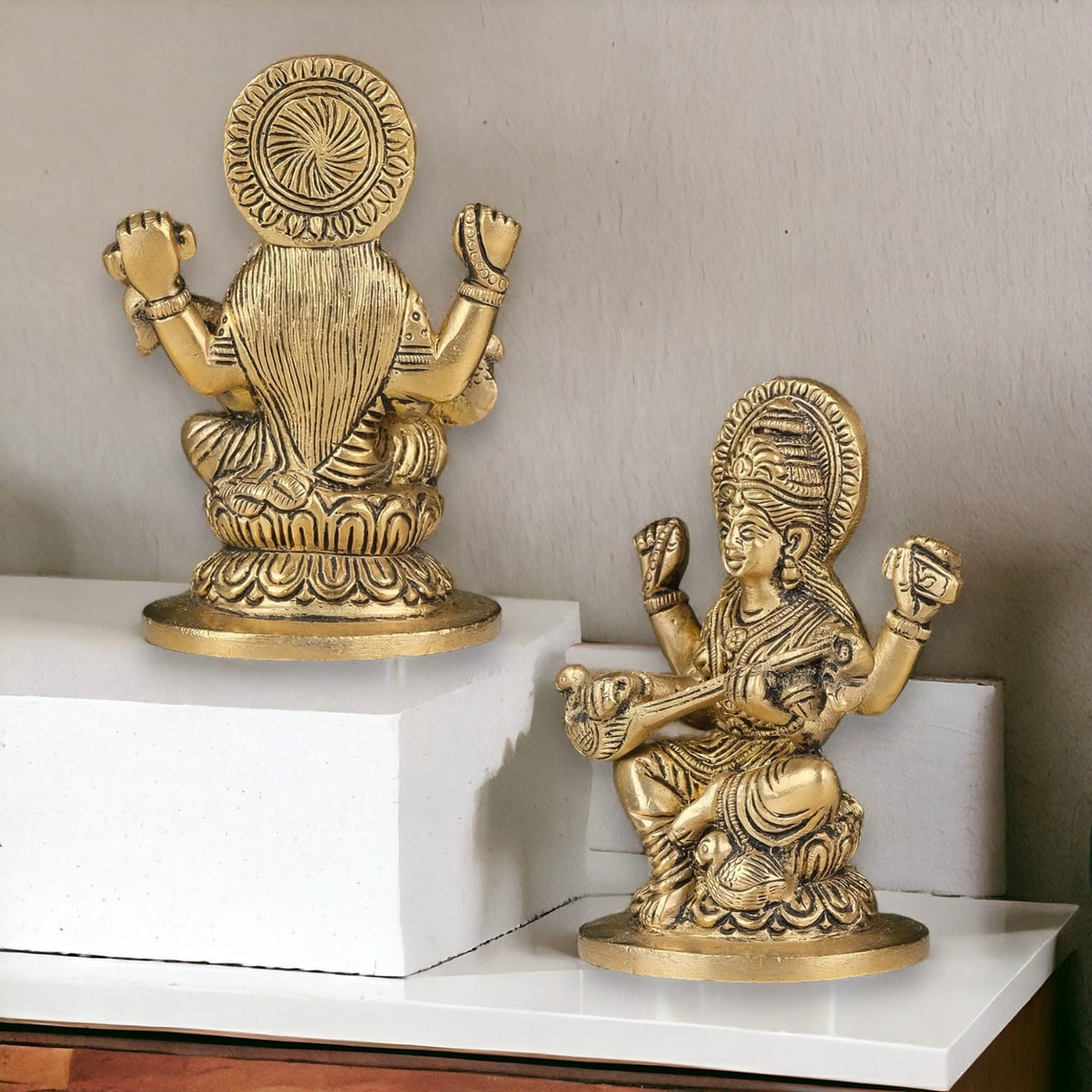 Brass Saraswati Statue Hindu Goddess of Knowledge Religious Beautiful Sitting on Lotus Saraswati Idol Sculpture for Basant Panchmi Home Temple Mandir Decor - Teacher’s Day Gift - LoveNspire