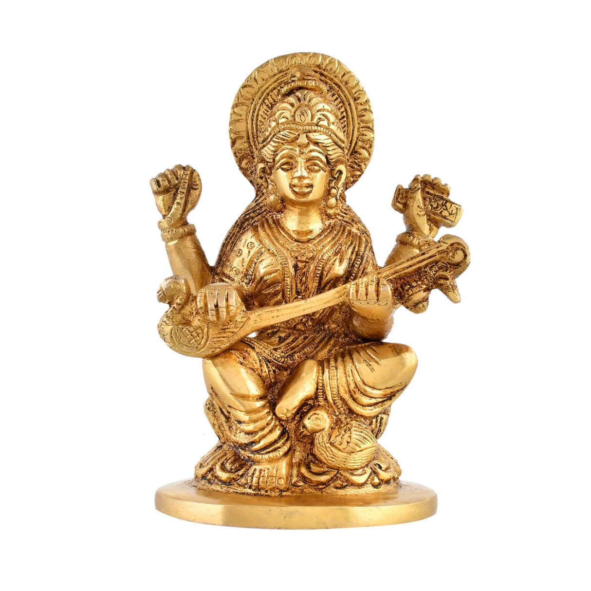 Brass Saraswati Statue Hindu Goddess of Knowledge Religious Beautiful Sitting on Lotus Saraswati Idol Sculpture for Basant Panchmi Home Temple Mandir Decor - Teacher’s Day Gift - LoveNspire