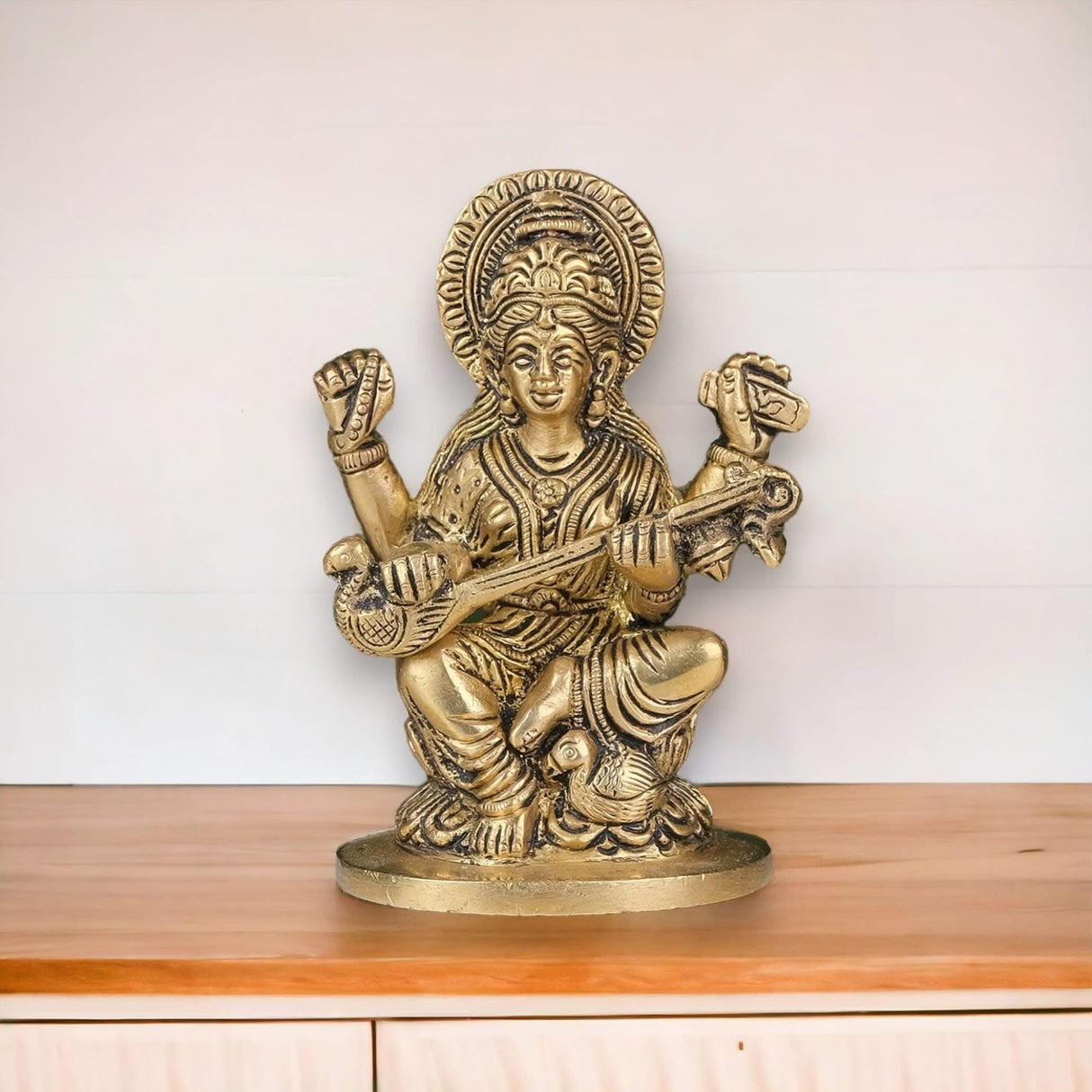 Brass Saraswati Statue Hindu Goddess of Knowledge Religious Beautiful Sitting on Lotus Saraswati Idol Sculpture for Basant Panchmi Home Temple Mandir Decor - Teacher’s Day Gift - LoveNspire