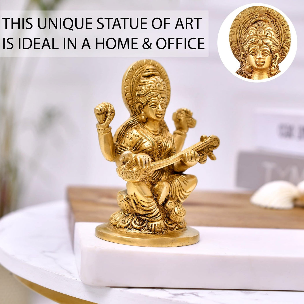 Brass Saraswati Statue Hindu Goddess of Knowledge Religious Beautiful Sitting on Lotus Saraswati Idol Sculpture for Basant Panchmi Home Temple Mandir Decor - Teacher’s Day Gift - LoveNspire