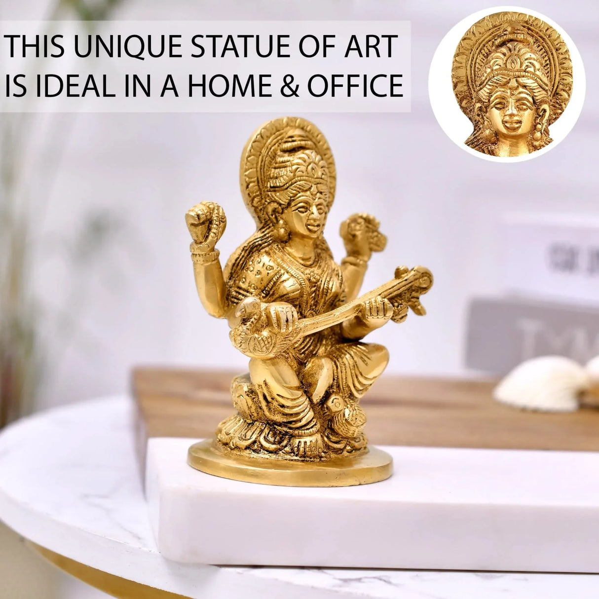 Brass Saraswati Statue Hindu Goddess of Knowledge Religious Beautiful Sitting on Lotus Saraswati Idol Sculpture for Basant Panchmi Home Temple Mandir Decor - Teacher’s Day Gift - LoveNspire