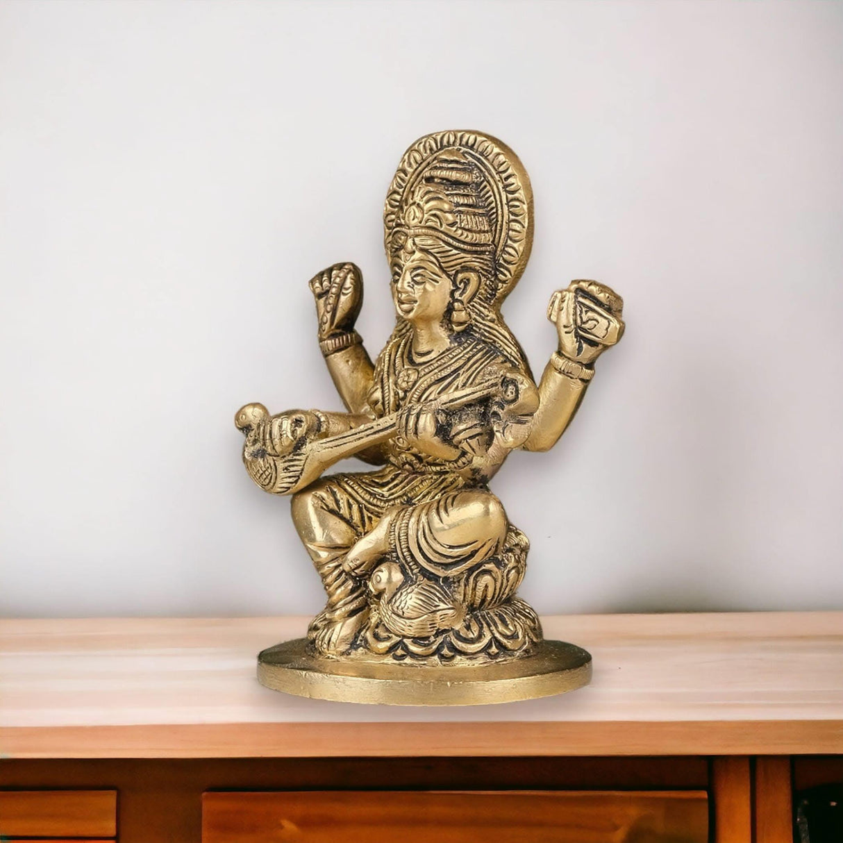 Brass Saraswati Statue Hindu Goddess of Knowledge Religious Beautiful Sitting on Lotus Saraswati Idol Sculpture for Basant Panchmi Home Temple Mandir Decor - Teacher’s Day Gift - LoveNspire