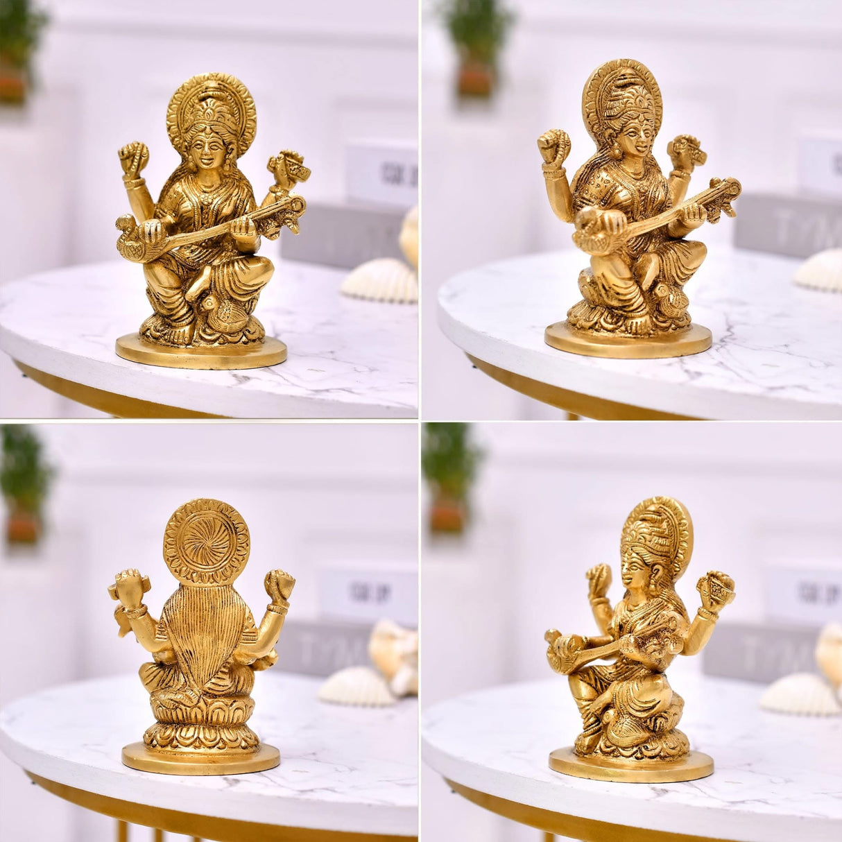 Brass Saraswati Statue Hindu Goddess of Knowledge Religious Beautiful Sitting on Lotus Saraswati Idol Sculpture for Basant Panchmi Home Temple Mandir Decor - Teacher’s Day Gift - LoveNspire
