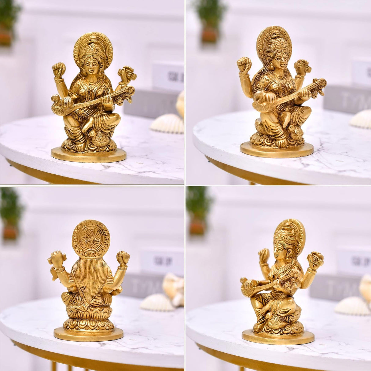 Brass Saraswati Statue Hindu Goddess of Knowledge Religious Beautiful Sitting on Lotus Saraswati Idol Sculpture for Basant Panchmi Home Temple Mandir Decor - Teacher’s Day Gift - LoveNspire