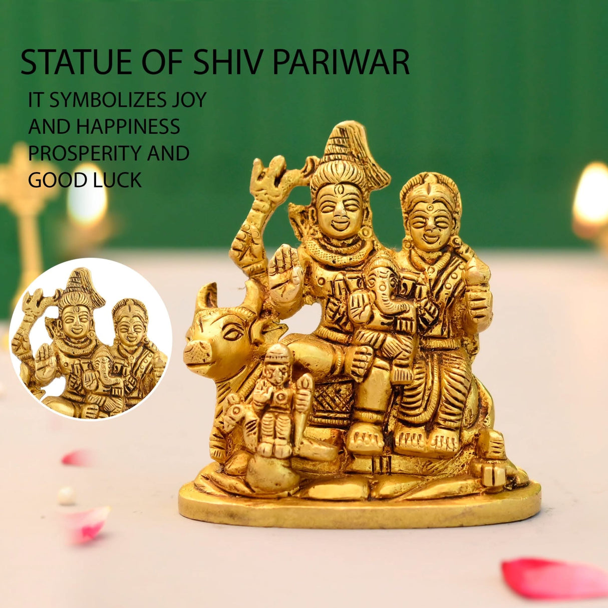 Brass Shiv Parivar Idol Statue Hindu God Shiva Parvati Ganesha Kartikeya Nandi Family Murti Sculpture - Pooja Home Temple Mandir Decor - Decorative Showpiece Housewarming Gift (3.7 Inches) - LoveNspire