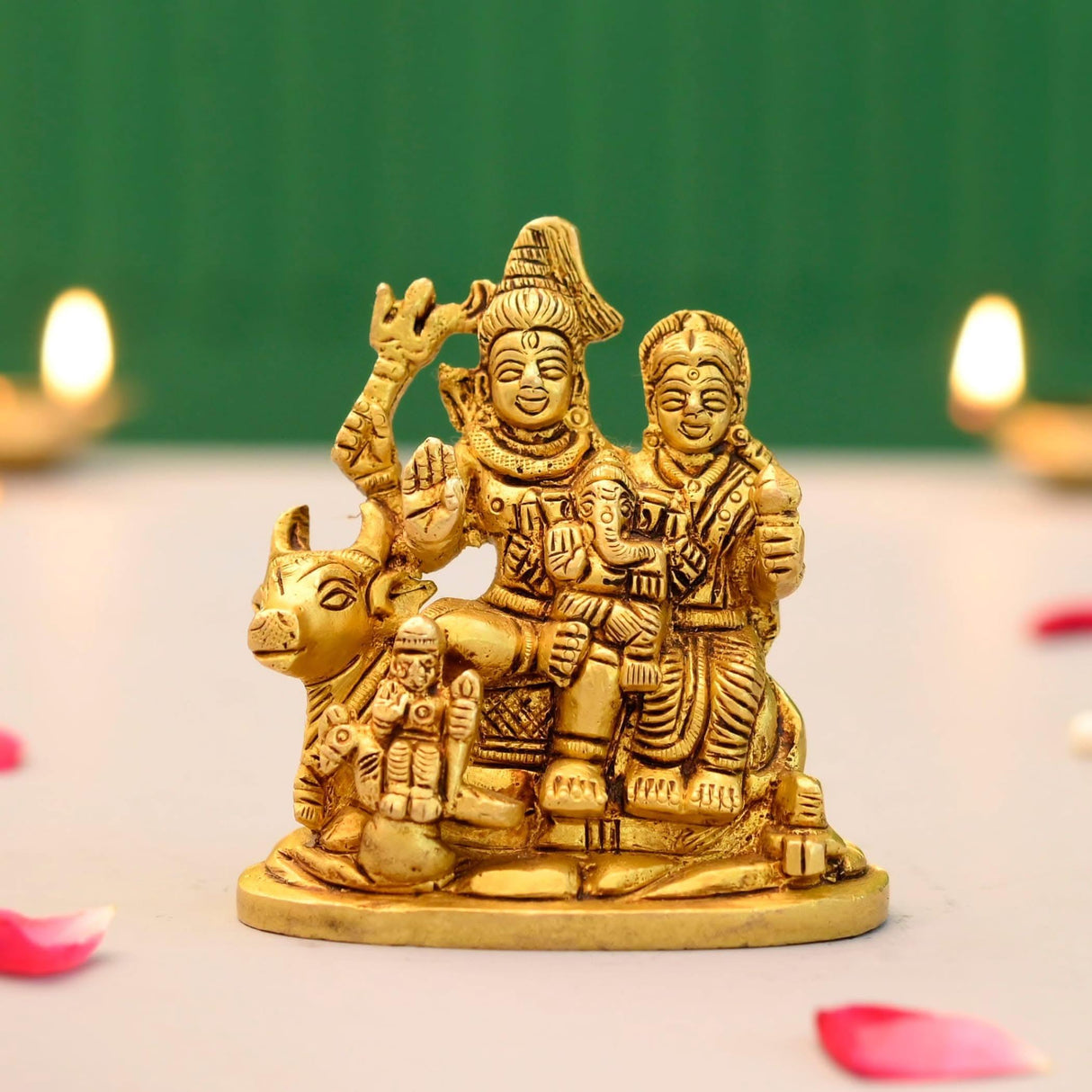 Brass Shiv Parivar Idol Statue Hindu God Shiva Parvati Ganesha Kartikeya Nandi Family Murti Sculpture - Pooja Home Temple Mandir Decor - Decorative Showpiece Housewarming Gift (3.7 Inches) - LoveNspire