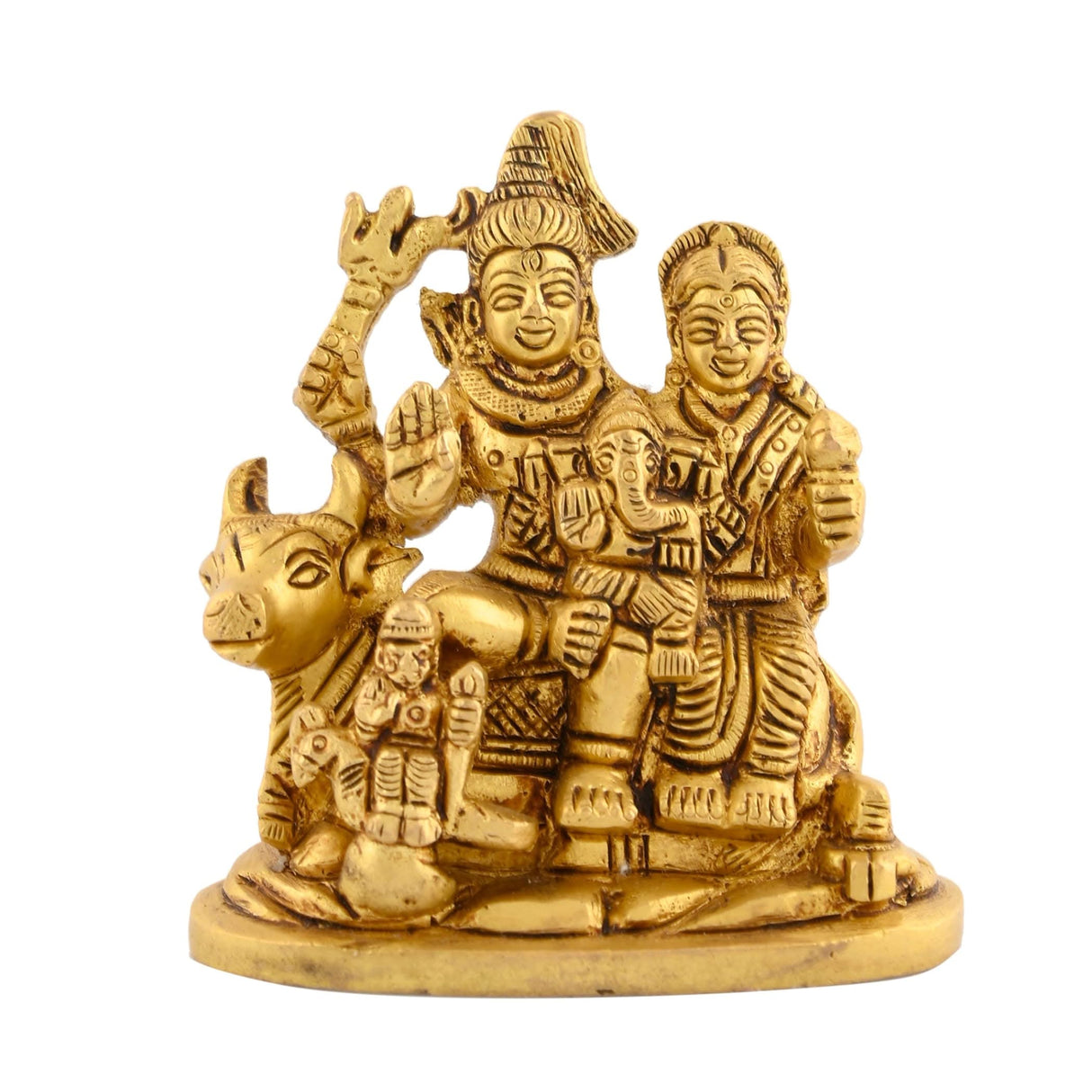 Brass Shiv Parivar Idol Statue Hindu God Shiva Parvati Ganesha Kartikeya Nandi Family Murti Sculpture - Pooja Home Temple Mandir Decor - Decorative Showpiece Housewarming Gift (3.7 Inches) - LoveNspire