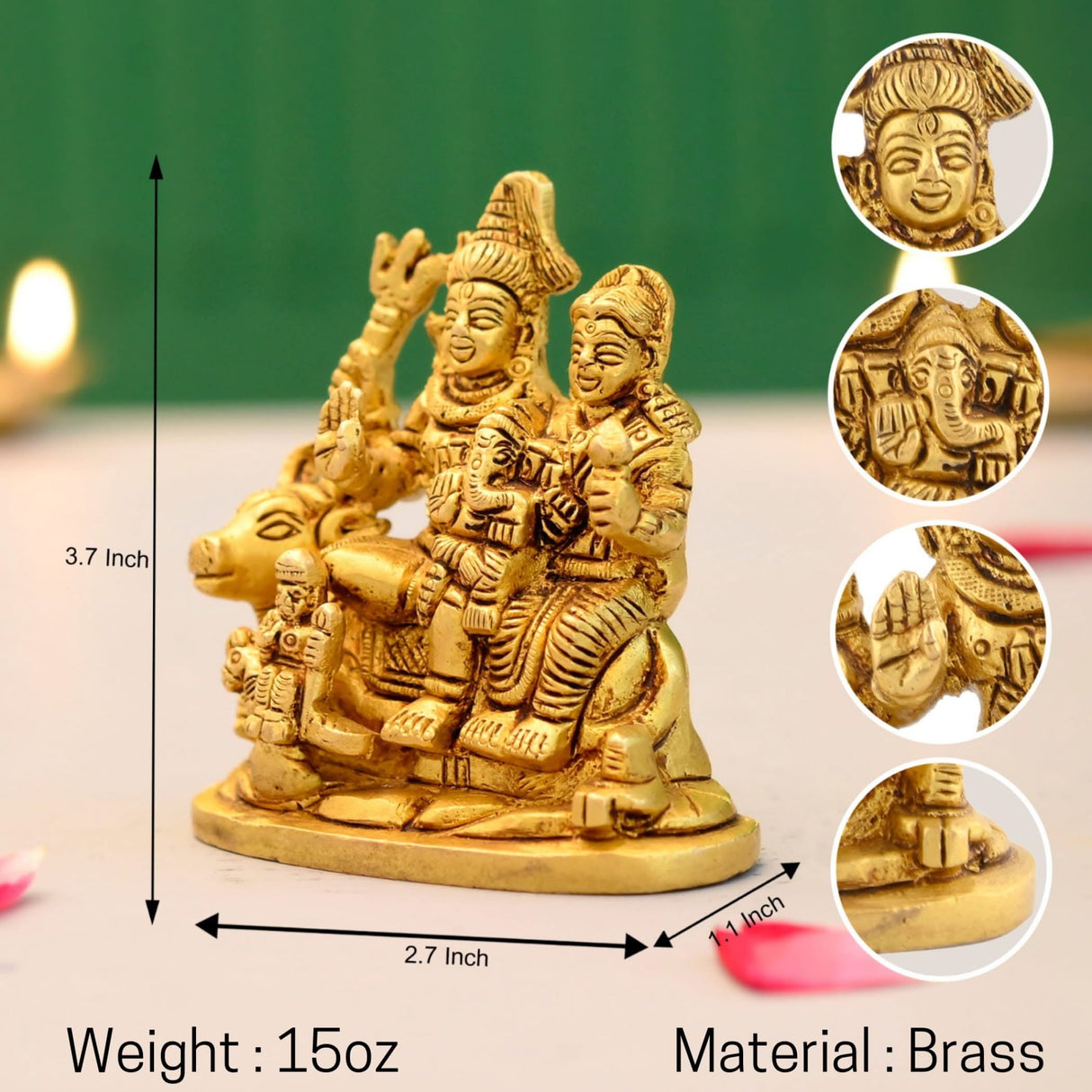 Brass Shiv Parivar Idol Statue Hindu God Shiva Parvati Ganesha Kartikeya Nandi Family Murti Sculpture - Pooja Home Temple Mandir Decor - Decorative Showpiece Housewarming Gift (3.7 Inches) - LoveNspire
