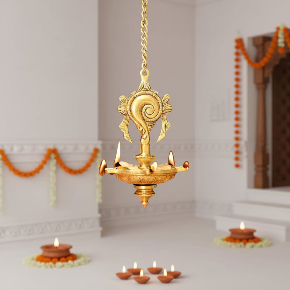 Golden brass Annam Shankh wall hanging oil lamp diya with chain