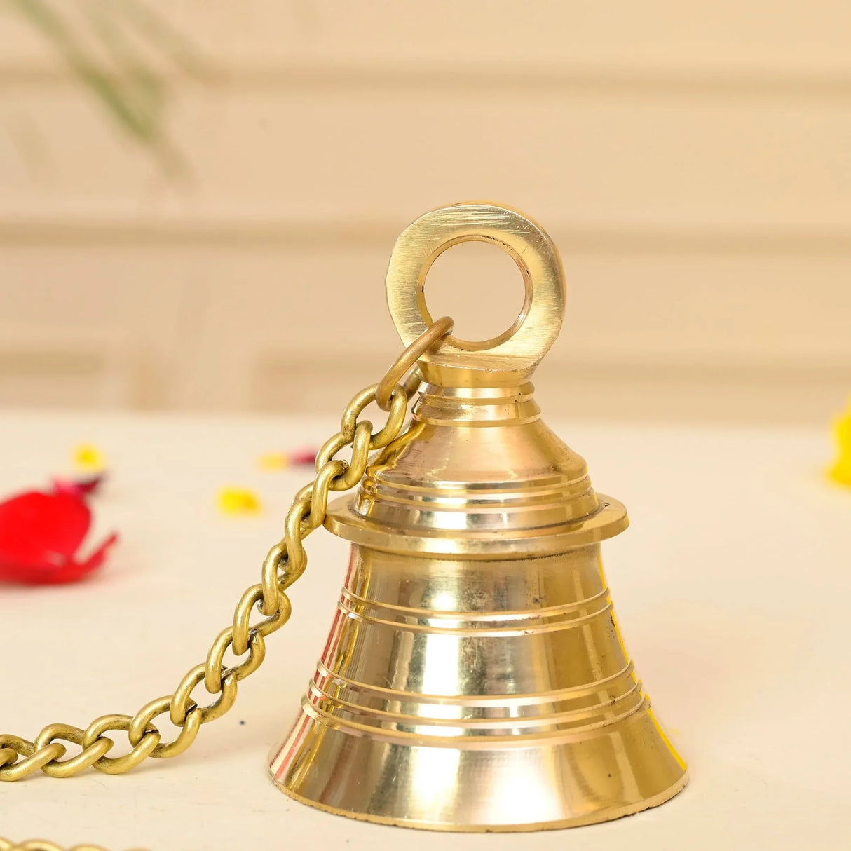 Hanging Brass Bell Hindu Religious Temple Pooja Ghanti with Chain Indian Mandir Decor Wall Mounted Temple Ghanta Ritual Outdoor Indoor Jingle Bell Housewarming Gift - LoveNspire