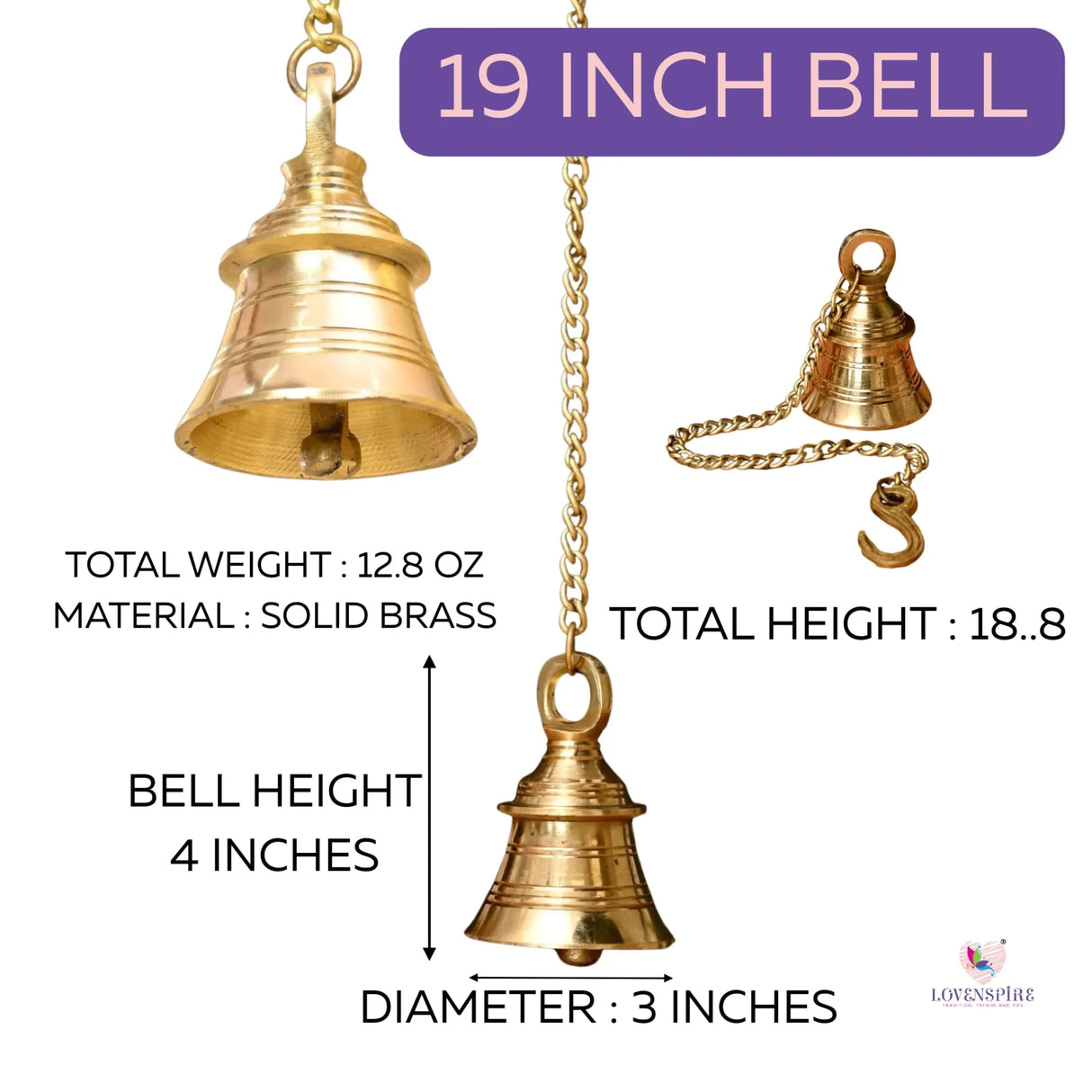 Hanging Brass Bell Hindu Religious Temple Pooja Ghanti with Chain Indian Mandir Decor Wall Mounted Temple Ghanta Ritual Outdoor Indoor Jingle Bell Housewarming Gift - LoveNspire