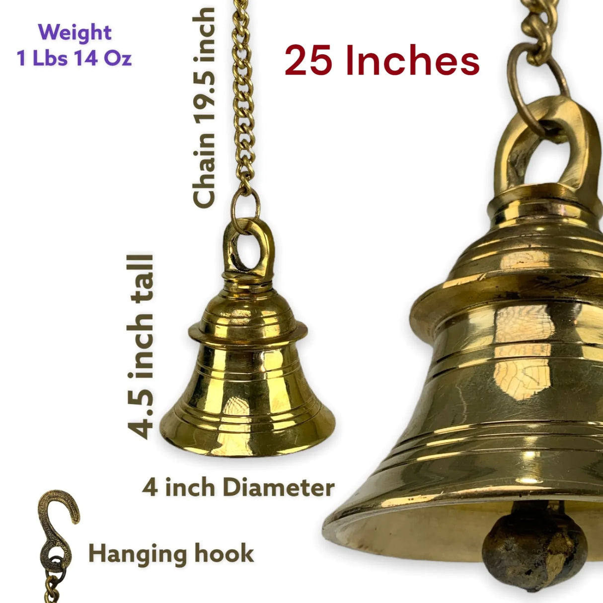 Hanging Brass Bell Hindu Religious Temple Pooja Ghanti with Chain Indian Mandir Decor Wall Mounted Temple Ghanta Ritual Outdoor Indoor Jingle Bell Housewarming Gift - LoveNspire