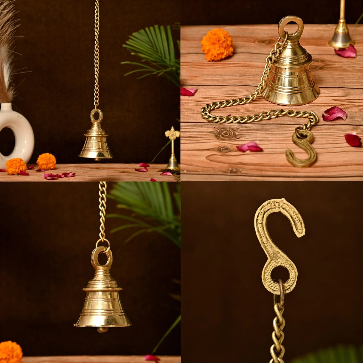 Hanging Brass Bell Hindu Religious Temple Pooja Ghanti with Chain Indian Mandir Decor Wall Mounted Temple Ghanta Ritual Outdoor Indoor Jingle Bell Housewarming Gift - LoveNspire