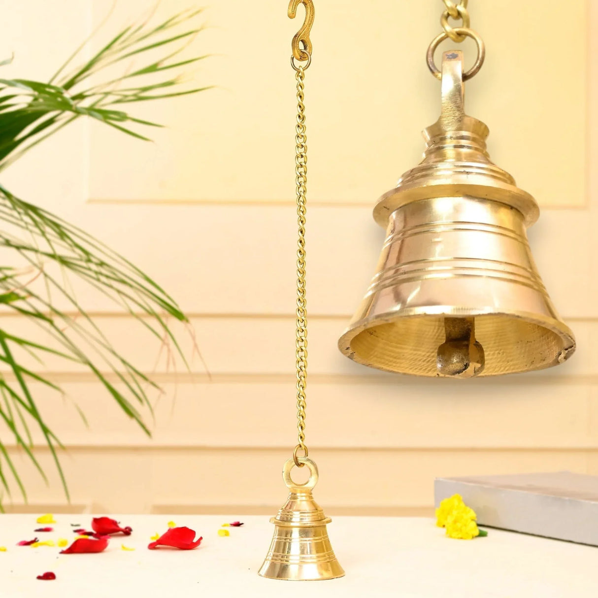 Hanging Brass Bell Hindu Religious Temple Pooja Ghanti with Chain Indian Mandir Decor Wall Mounted Temple Ghanta Ritual Outdoor Indoor Jingle Bell Housewarming Gift - LoveNspire