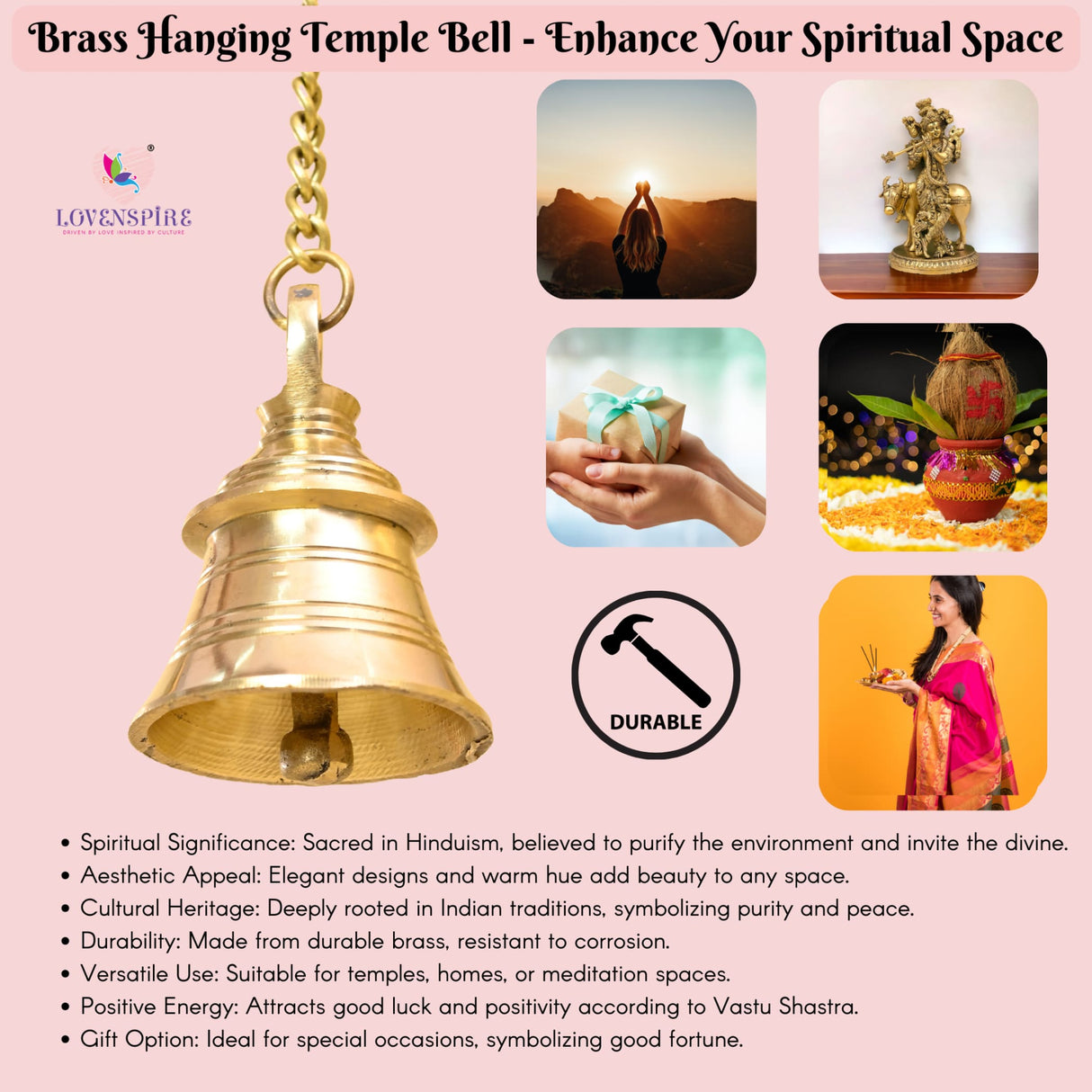 Hanging Brass Bell Hindu Religious Temple Pooja Ghanti with Chain Indian Mandir Decor Wall Mounted Temple Ghanta Ritual Outdoor Indoor Jingle Bell Housewarming Gift - LoveNspire
