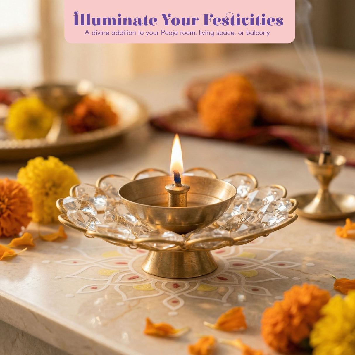 Brass decorative diya with golden brass crystal-encrusted lotus base and lit wick for diwali puja decor
