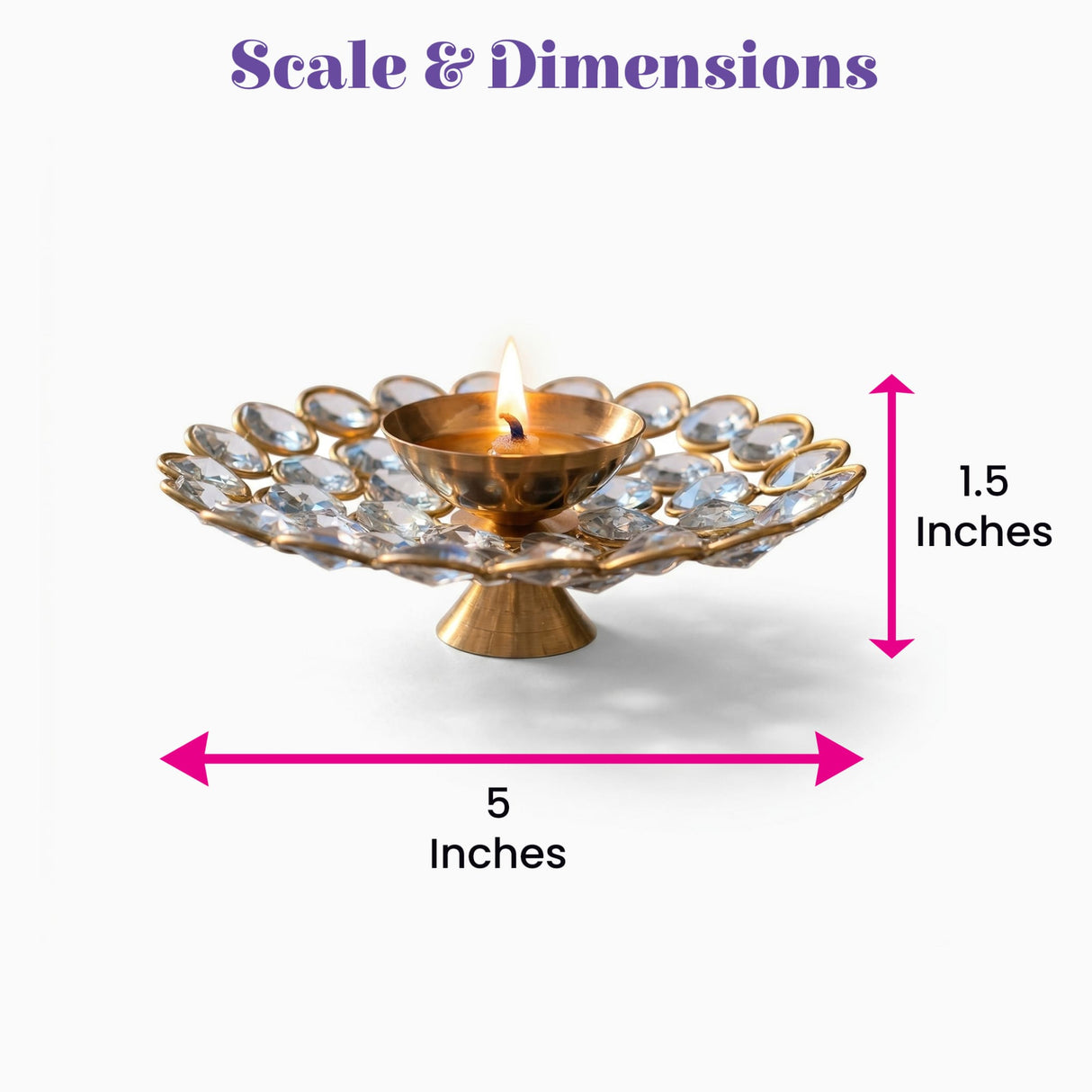 Gold-colored brass decorative diya with clear acrylic glass floral petal design for Diwali puja and home temple decor