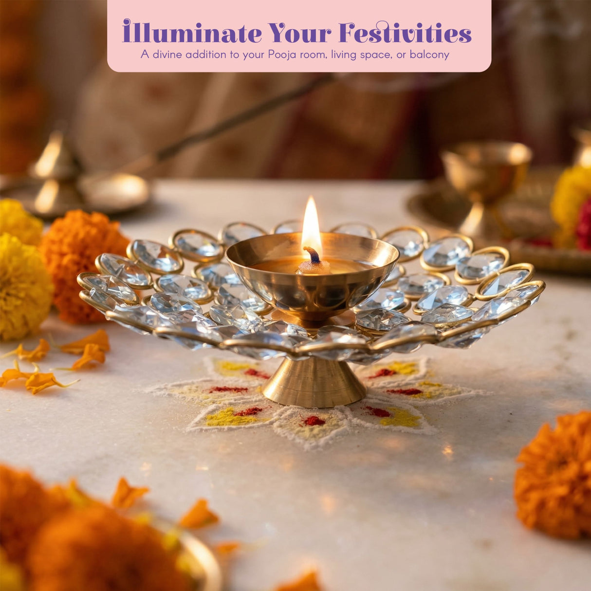 Brass decorative diya gold plated with clear crystal embellishments acrylic glass floral design for diwali puja decor