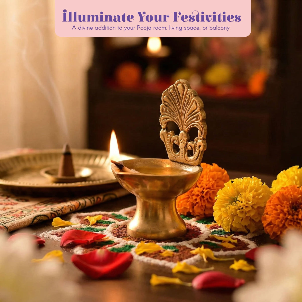 Golden brass diya oil lamp with intricate leaf patterned lid on decorative rangoli with marigolds and rose petals for puja
