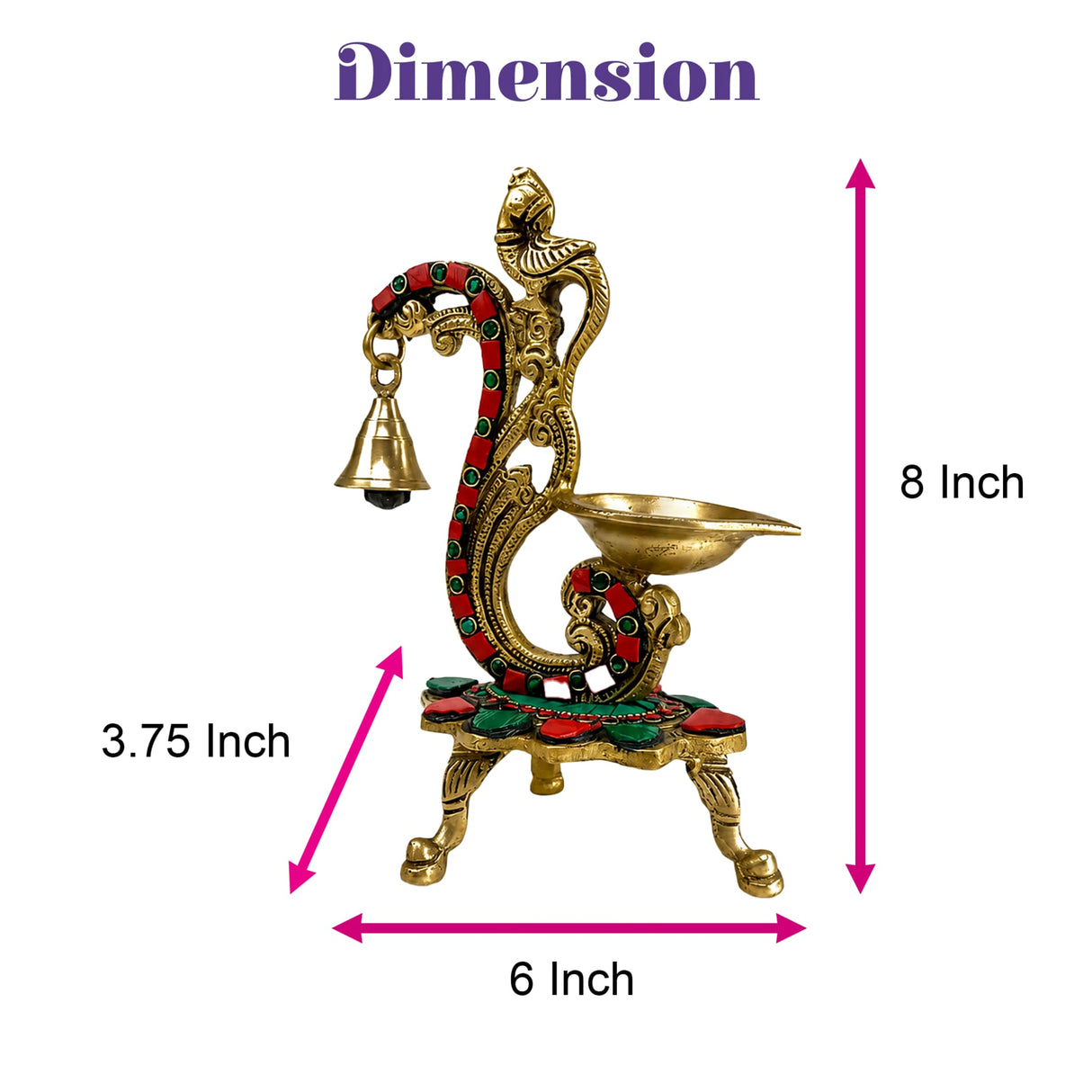 Golden brass peacock-shaped oil lamp diya with red and green inlay and hanging bell for diwali temple decoration