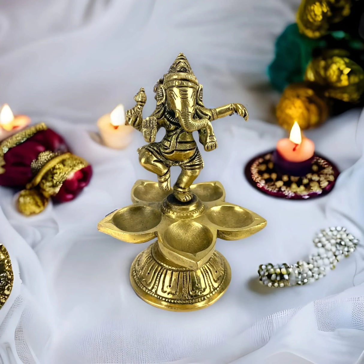 Dancing Ganesha Solid Brass Diya Deepam Vilakku Samai Oil Lamp with Base Home Pooja Room Diwali Decorations Mandir Temple Ganesha Akhand Diya Hindu Puja Religious Deepawali Return Gift - LoveNspire