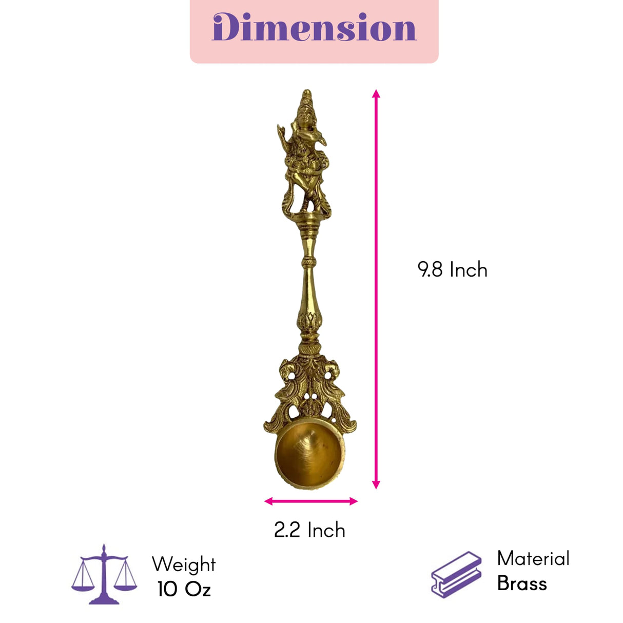 A 9.8 inch tall brass decorative spoon featuring an ornate golden ganesha krishna figure with intricate filigree bowl for religious use