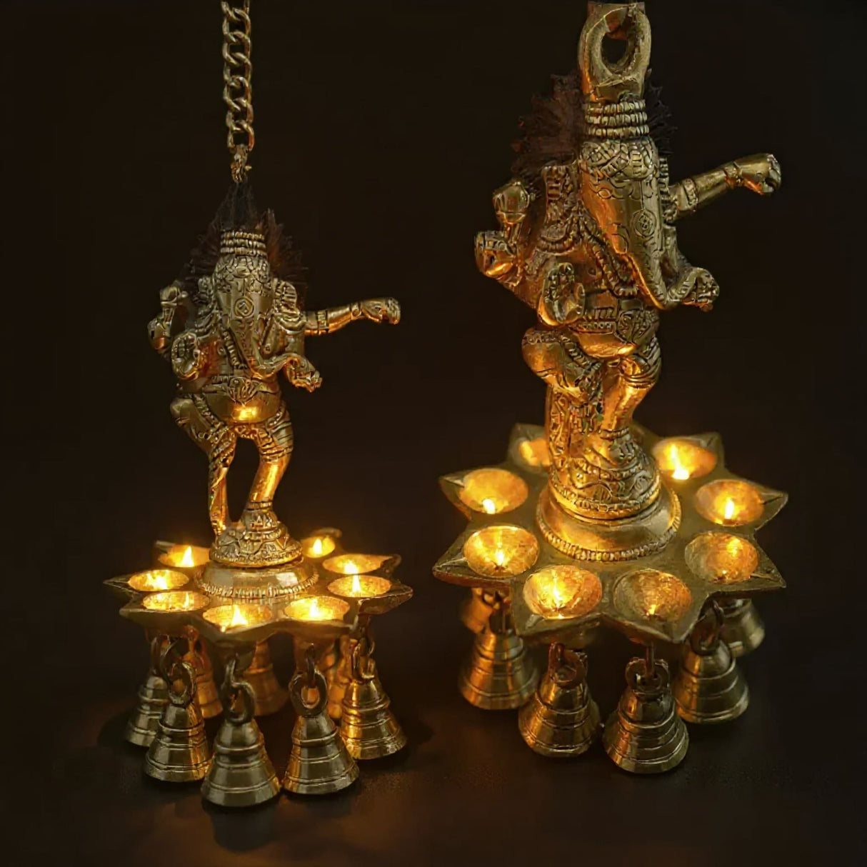 Brass Ganesha Wall Hanging Diya with Bells Ganesh Hanging Idol Oil Lamp Diya for Home Temple Mandir Office Diwali Decor Kathu Vilakku Puja Diyas - Deepawali Housewarming Return Gifts - LoveNspire