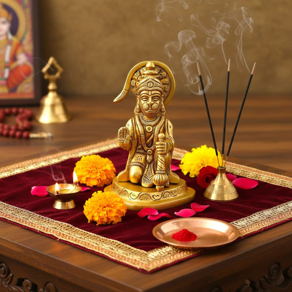 3.9 inch brass Hanuman statue with intricate gold detailing and crown on ornate base