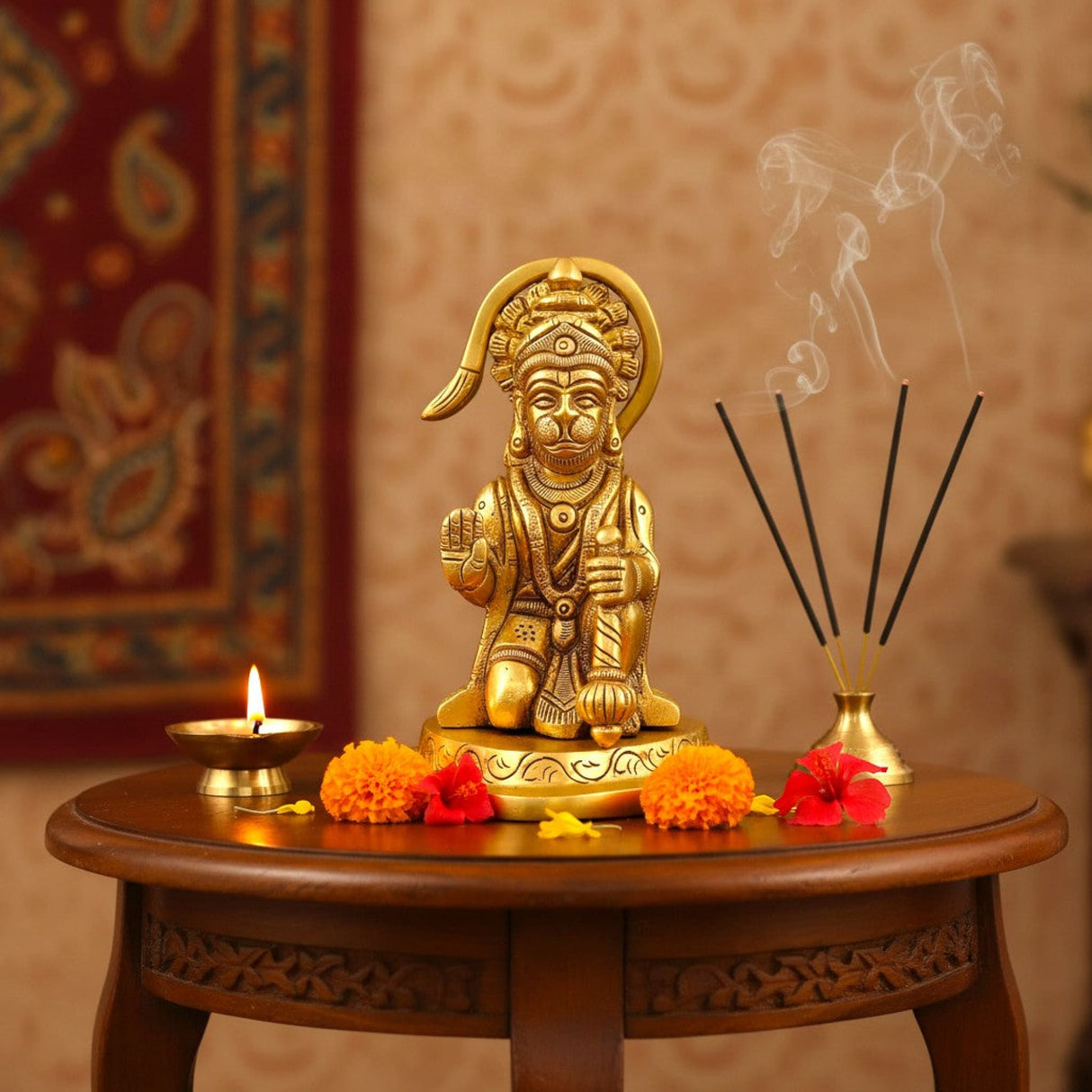 3.9 inch brass Hanuman statue in meditative pose for pooja decor