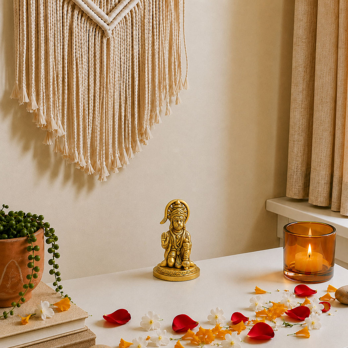 Golden brass hanuman statue seated in meditative pose with intricate detailing and halo for pooja room decor