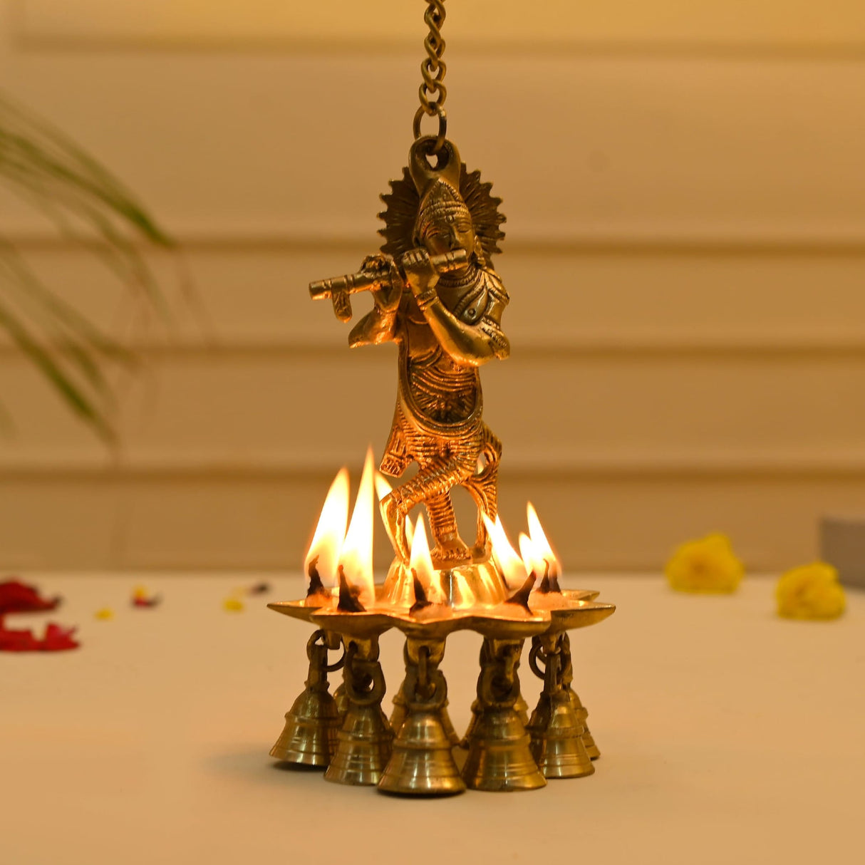 Brass Krishna Wall Hanging Diya with Bells & Chain Krishna Hanging Idol Oil Lamp Home Temple Mandir Office Diwali Decor Kathu Vilakku Puja Diyas - Deepawali Housewarming Return Gifts - LoveNspire