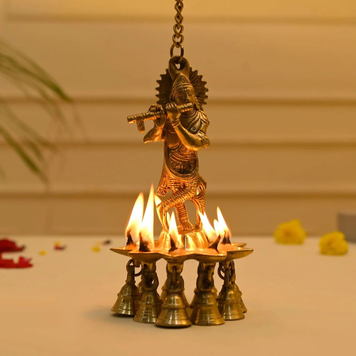 Brass Krishna Wall Hanging Diya with Bells & Chain Krishna Hanging Idol Oil Lamp Home Temple Mandir Office Diwali Decor Kathu Vilakku Puja Diyas - Deepawali Housewarming Return Gifts - LoveNspire