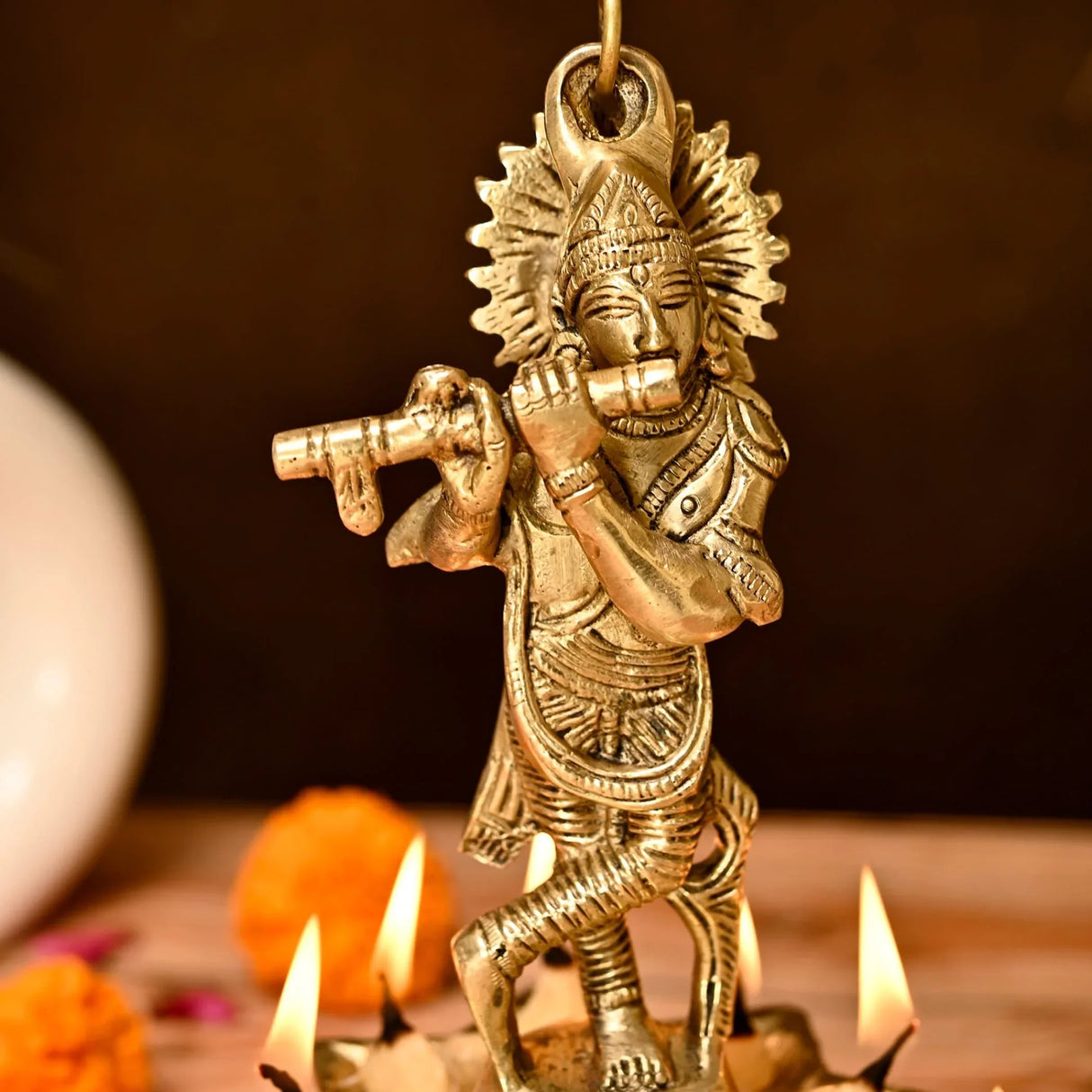 Brass Krishna Wall Hanging Diya with Bells & Chain Krishna Hanging Idol Oil Lamp Home Temple Mandir Office Diwali Decor Kathu Vilakku Puja Diyas - Deepawali Housewarming Return Gifts - LoveNspire
