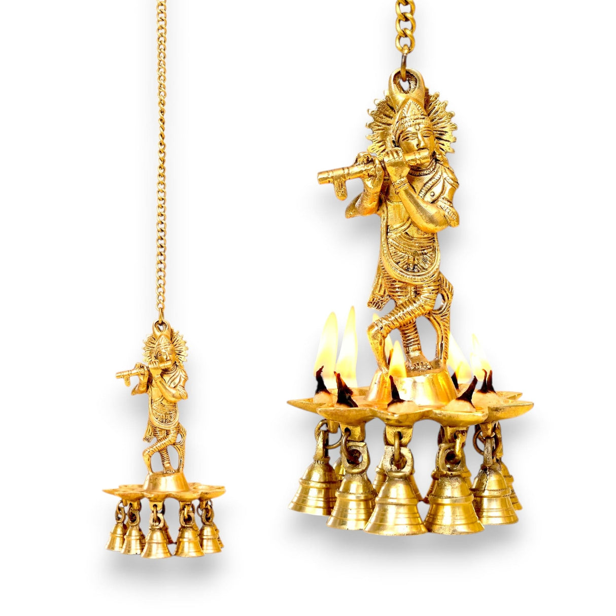 Brass Krishna Wall Hanging Diya with Bells & Chain Krishna Hanging Idol Oil Lamp Home Temple Mandir Office Diwali Decor Kathu Vilakku Puja Diyas - Deepawali Housewarming Return Gifts - LoveNspire