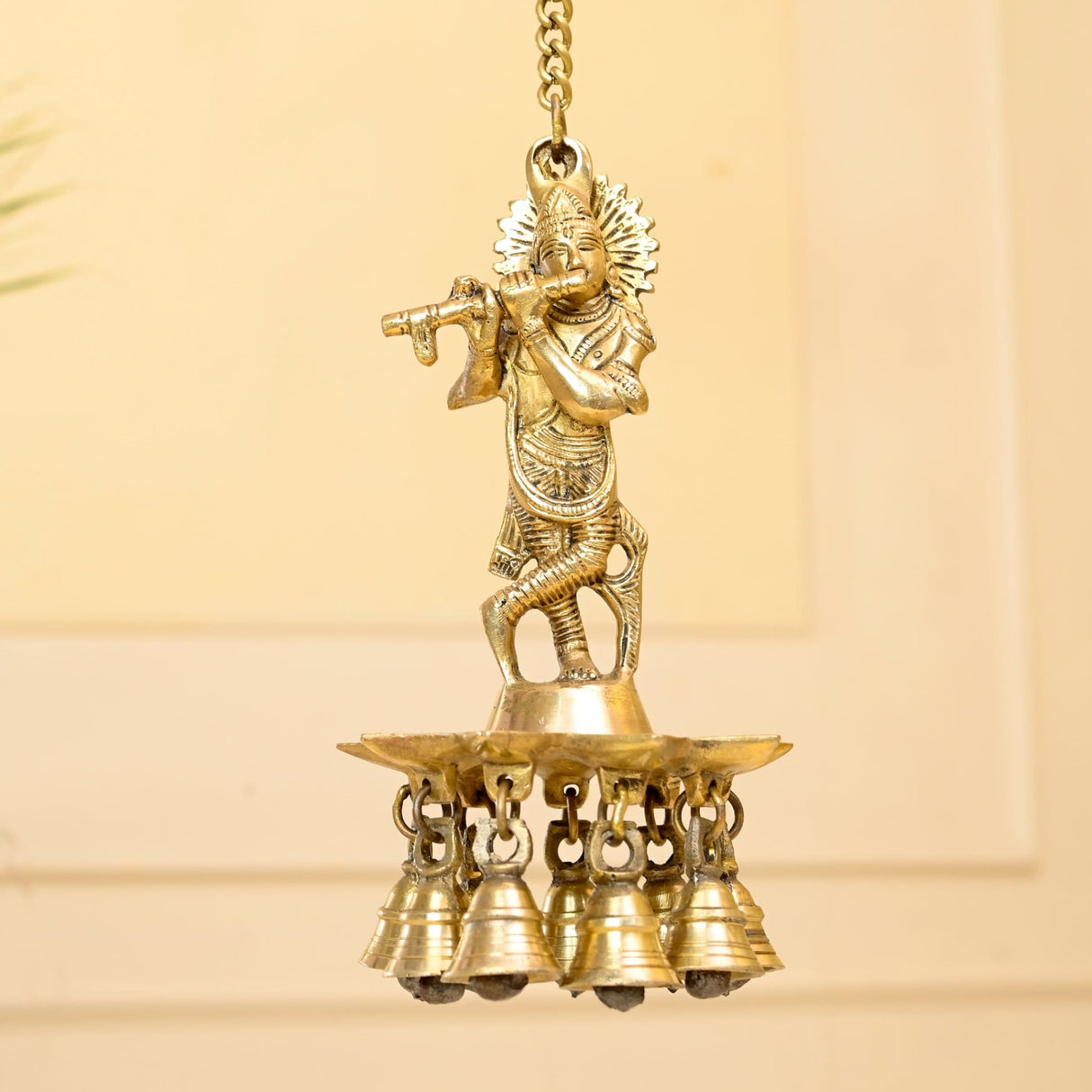 Brass Krishna Wall Hanging Diya with Bells & Chain Krishna Hanging Idol Oil Lamp Home Temple Mandir Office Diwali Decor Kathu Vilakku Puja Diyas - Deepawali Housewarming Return Gifts - LoveNspire