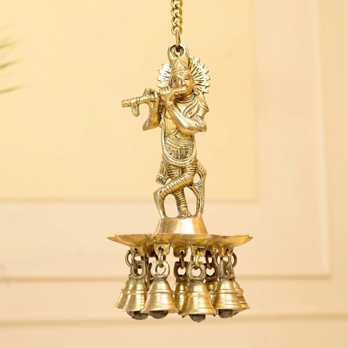 Brass Krishna Wall Hanging Diya with Bells & Chain Krishna Hanging Idol Oil Lamp Home Temple Mandir Office Diwali Decor Kathu Vilakku Puja Diyas - Deepawali Housewarming Return Gifts - LoveNspire