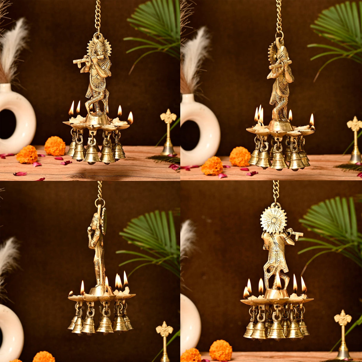 Brass Krishna Wall Hanging Diya with Bells & Chain Krishna Hanging Idol Oil Lamp Home Temple Mandir Office Diwali Decor Kathu Vilakku Puja Diyas - Deepawali Housewarming Return Gifts - LoveNspire
