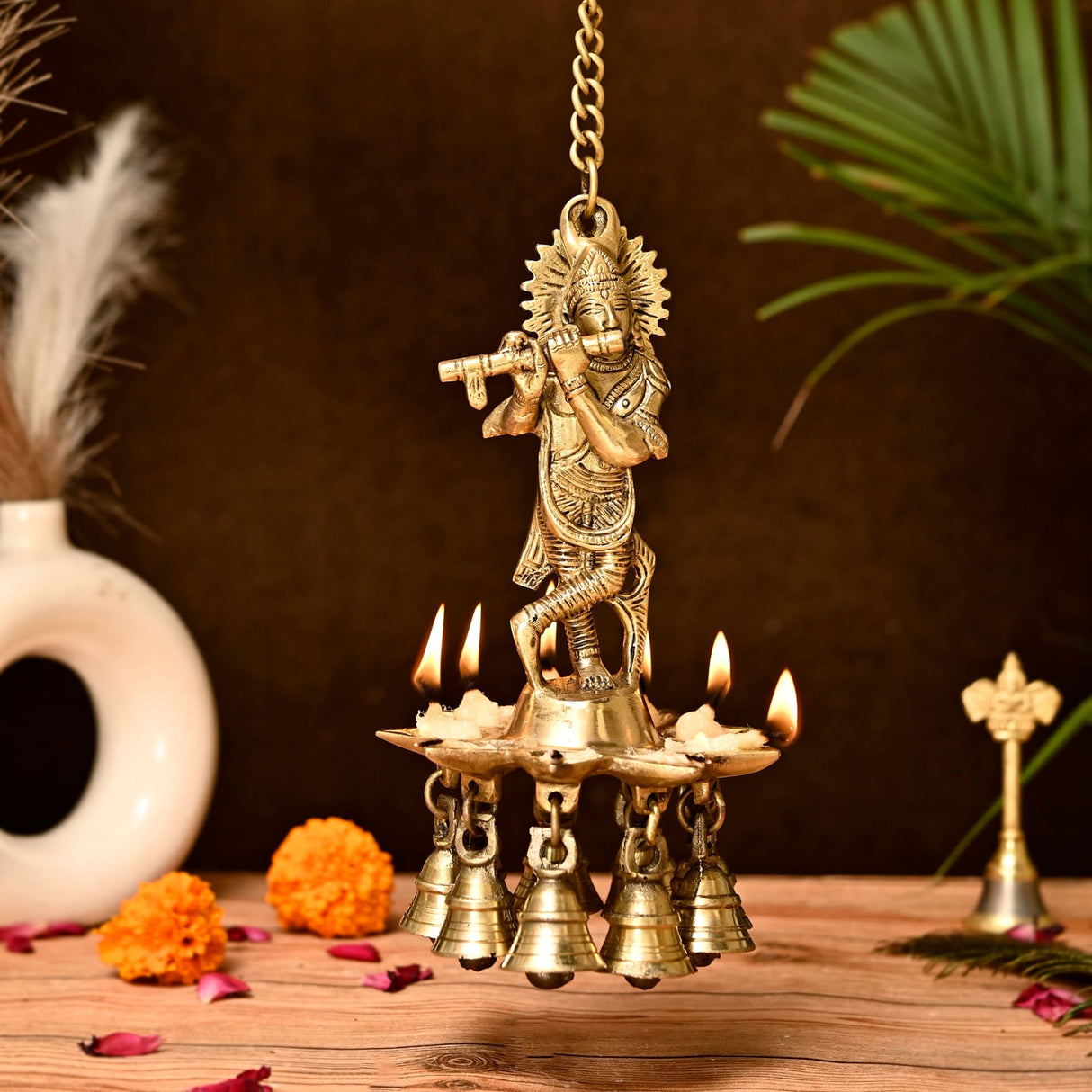 Brass Krishna Wall Hanging Diya with Bells & Chain Krishna Hanging Idol Oil Lamp Home Temple Mandir Office Diwali Decor Kathu Vilakku Puja Diyas - Deepawali Housewarming Return Gifts - LoveNspire