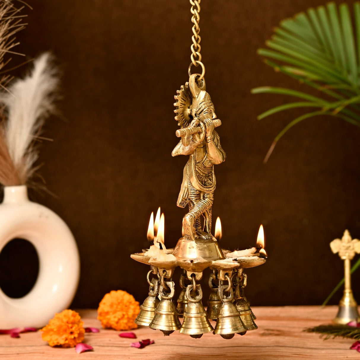 Brass Krishna Wall Hanging Diya with Bells & Chain Krishna Hanging Idol Oil Lamp Home Temple Mandir Office Diwali Decor Kathu Vilakku Puja Diyas - Deepawali Housewarming Return Gifts - LoveNspire