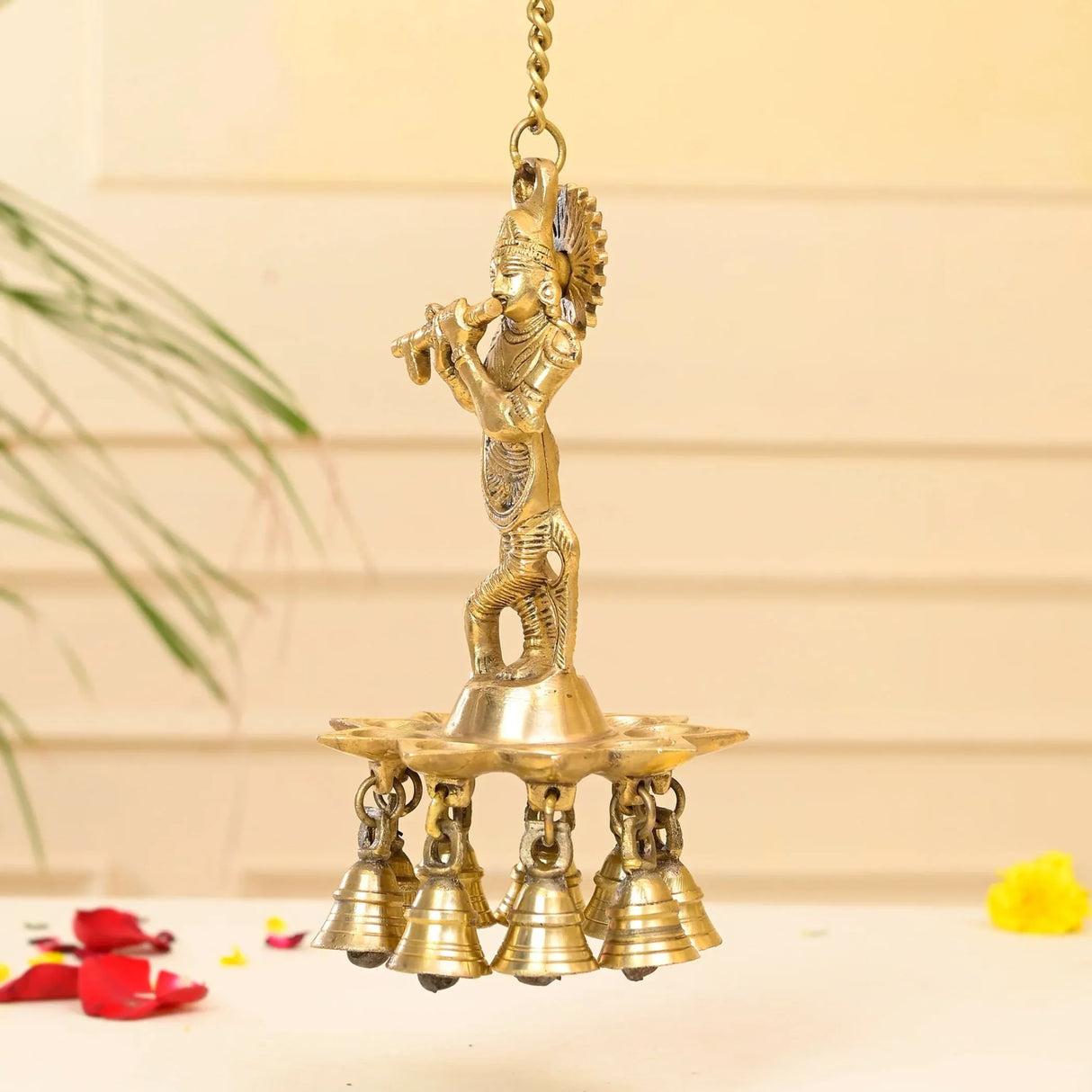 Brass Krishna Wall Hanging Diya with Bells & Chain Krishna Hanging Idol Oil Lamp Home Temple Mandir Office Diwali Decor Kathu Vilakku Puja Diyas - Deepawali Housewarming Return Gifts - LoveNspire
