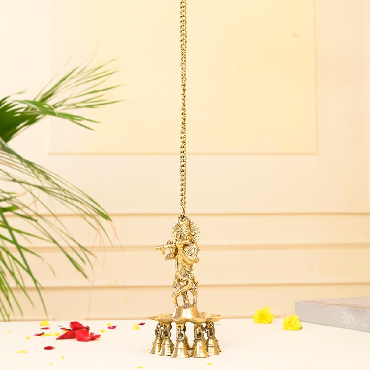 Brass Krishna Wall Hanging Diya with Bells & Chain Krishna Hanging Idol Oil Lamp Home Temple Mandir Office Diwali Decor Kathu Vilakku Puja Diyas - Deepawali Housewarming Return Gifts - LoveNspire