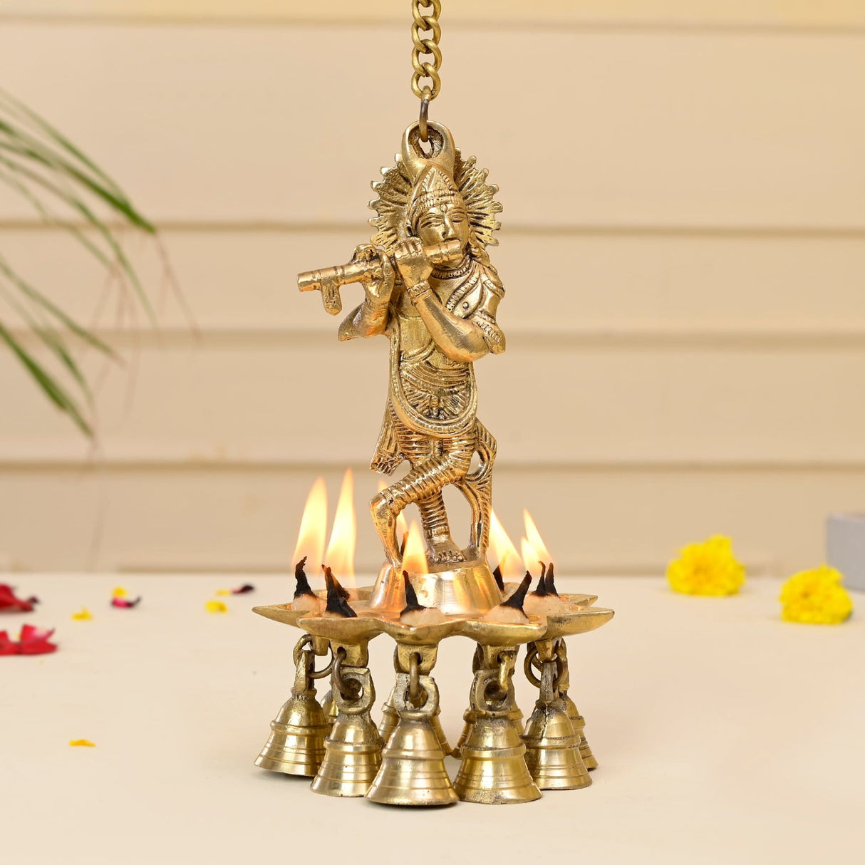 Brass Krishna Wall Hanging Diya with Bells & Chain Krishna Hanging Idol Oil Lamp Home Temple Mandir Office Diwali Decor Kathu Vilakku Puja Diyas - Deepawali Housewarming Return Gifts - LoveNspire
