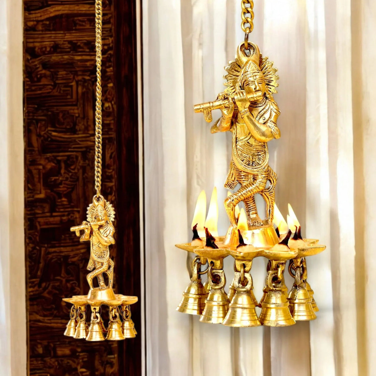 Brass Krishna Wall Hanging Diya with Bells & Chain Krishna Hanging Idol Oil Lamp Home Temple Mandir Office Diwali Decor Kathu Vilakku Puja Diyas - Deepawali Housewarming Return Gifts - LoveNspire