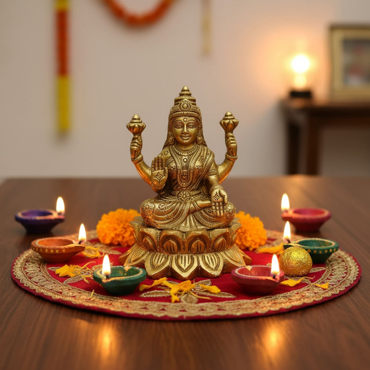 Golden Brass Lakshmi idol with four arms and lotus base for Diwali puja decor