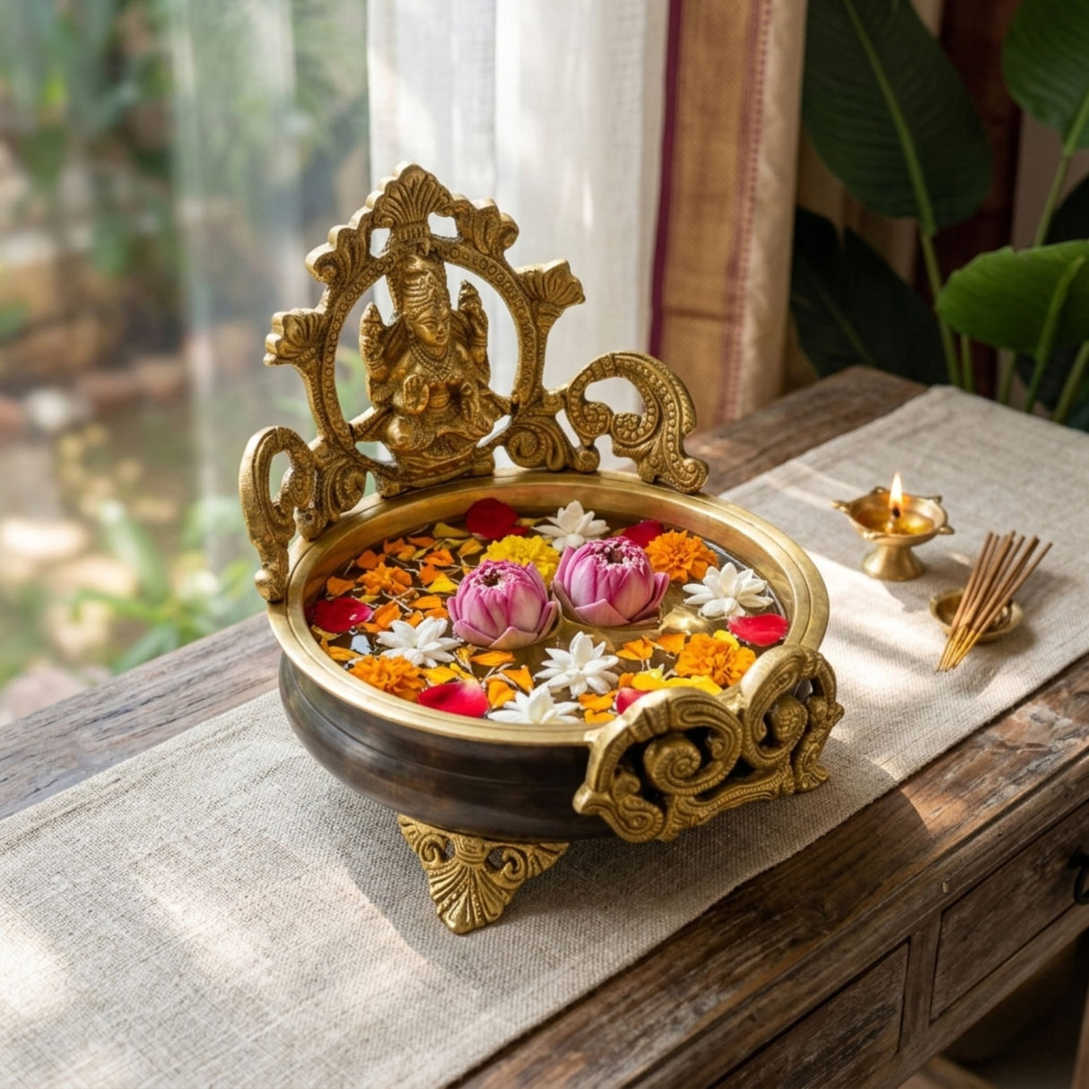 Golden Brass Laxmi Urli Bowl 6.6 Inch with ornate deity, marigolds, lotuses