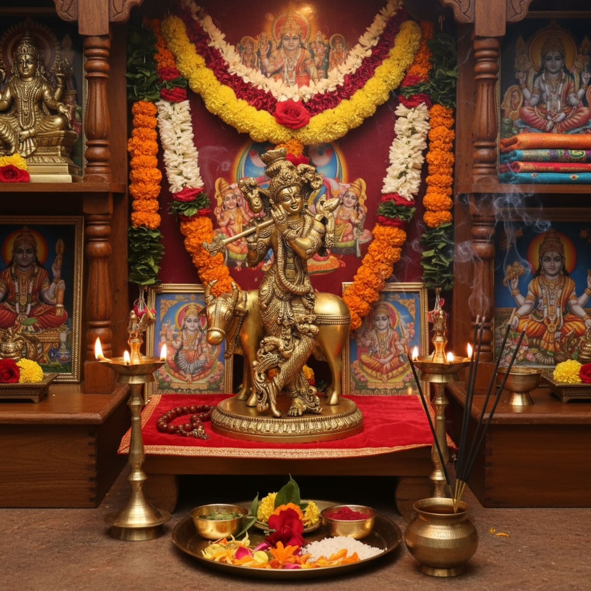 Brass Lord Krishna statue playing flute on Kamdhenu cow for home temple decor